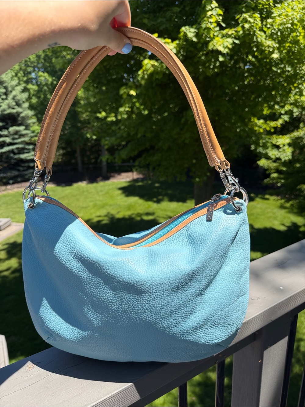 Maxx New York Light Blue Pebbled Hobo with Tan Handles